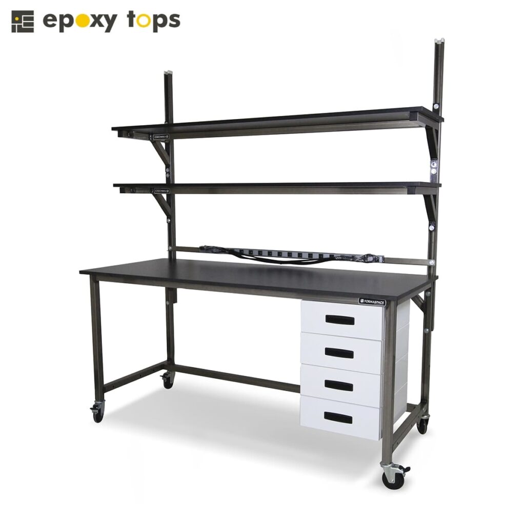 Phenolic Workbench With Upper Shelves And Drawers Epoxytops