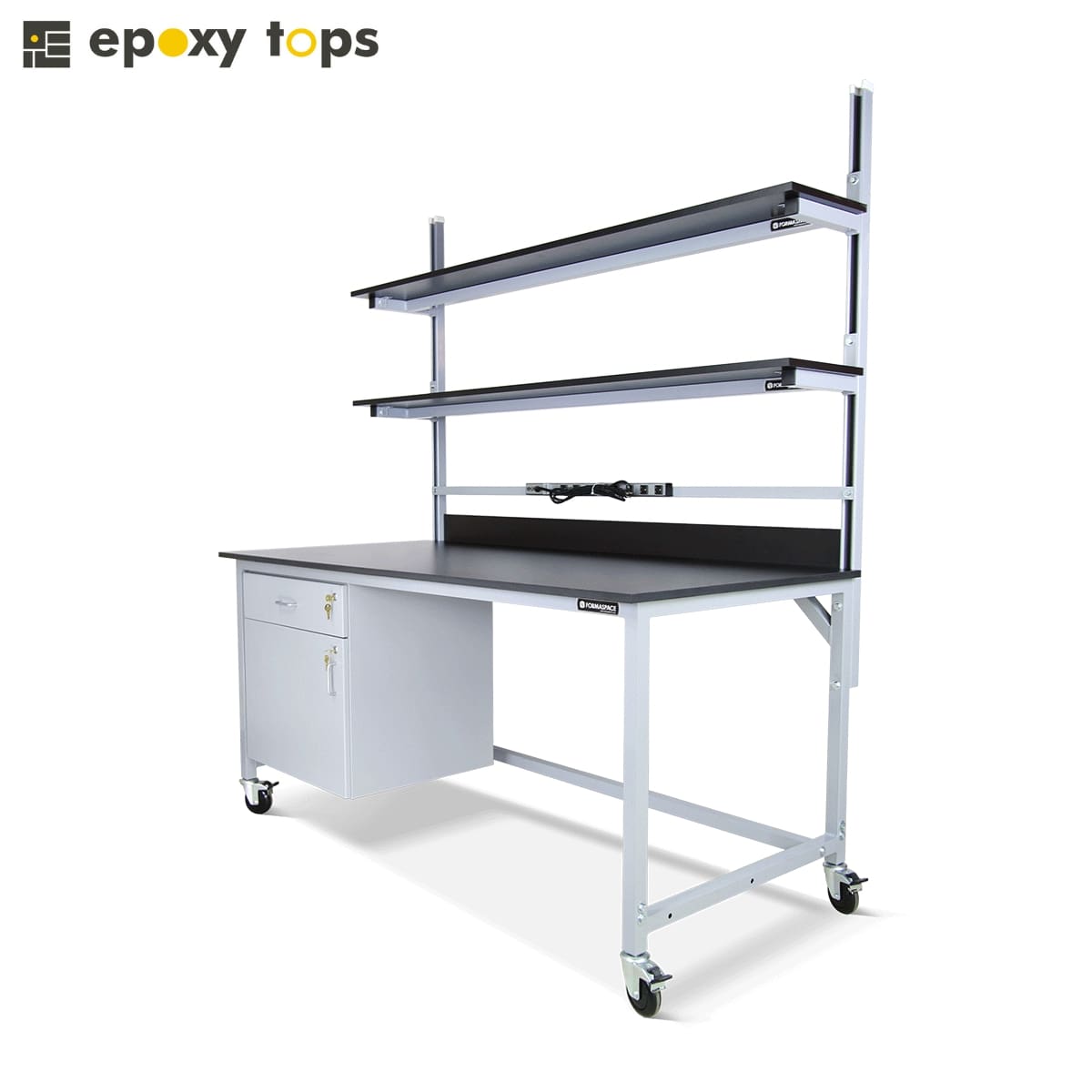 laboratory workbench with shelves and power strip