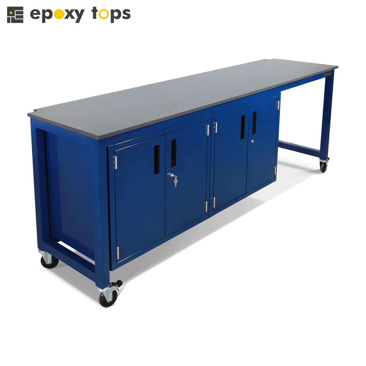 lab bench with locking cabinets in sapphire blue