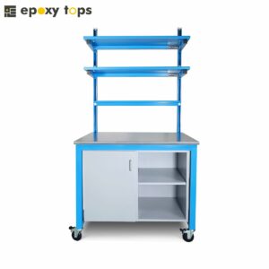 blue workbench with storage